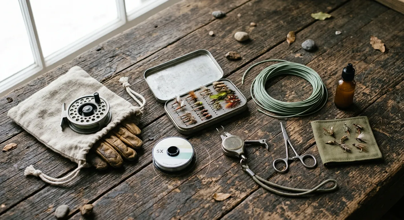 Affordable fly fishing accessories laid out on a wooden surface