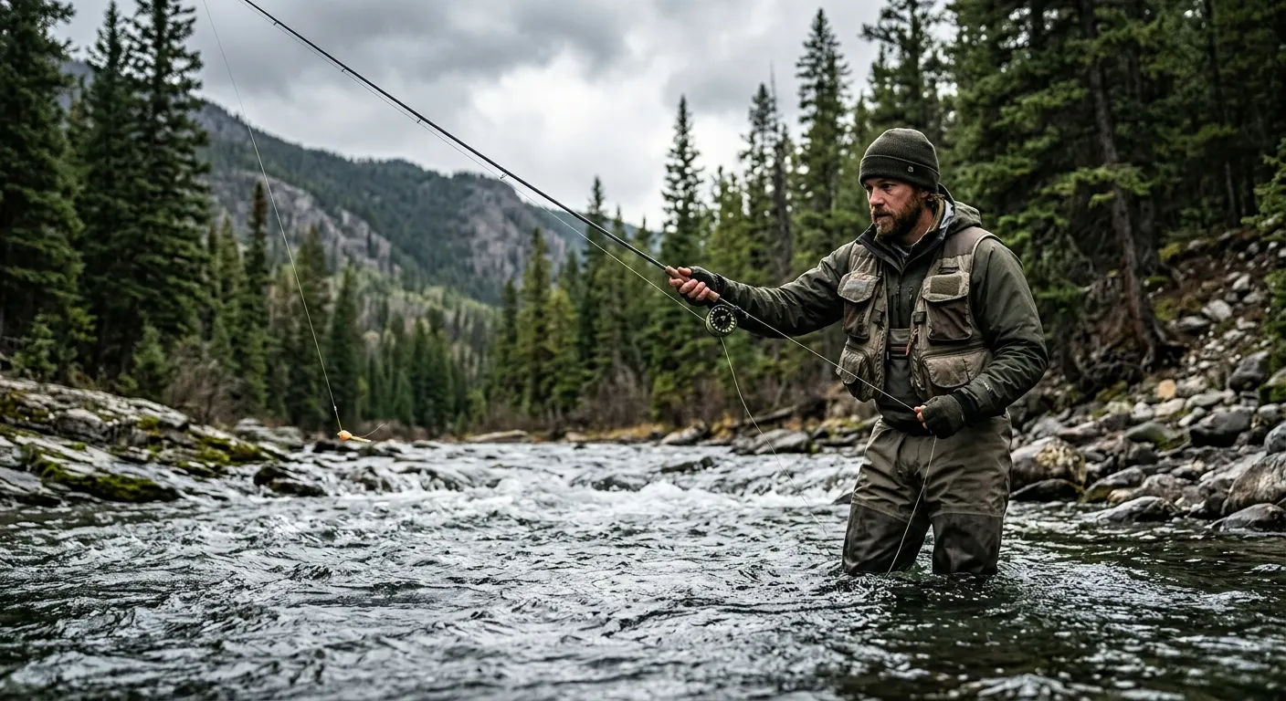 Fly fishing angler nymphing a mountain stream riffle with a tight-line setup, strike indicator visible on the leader above a clear run, overcast diffused light