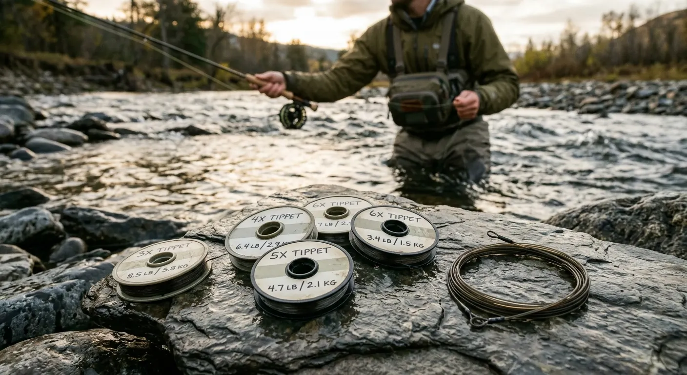 Close-up of labeled tippet spools in multiple X sizes arranged on weathered river slate with a coiled leader nearby